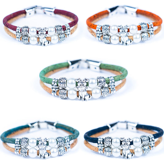 3MM rRound Colorful Cork Cord w/ Dog Alloy Accessories Handmade Women's Bracelet  BR-443-MIX-5