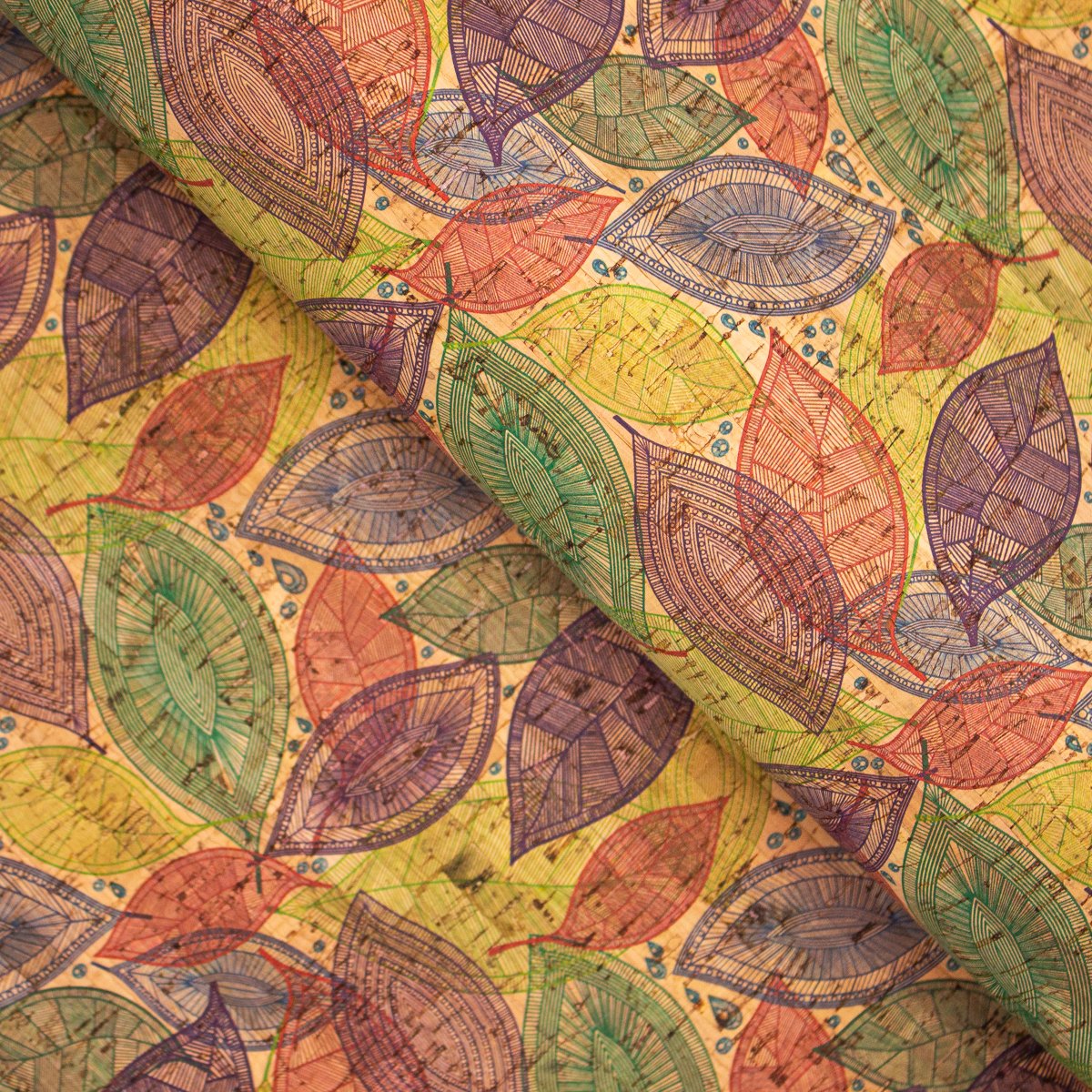 Tissu en liège motif feuilles violettes et vertes COF-282