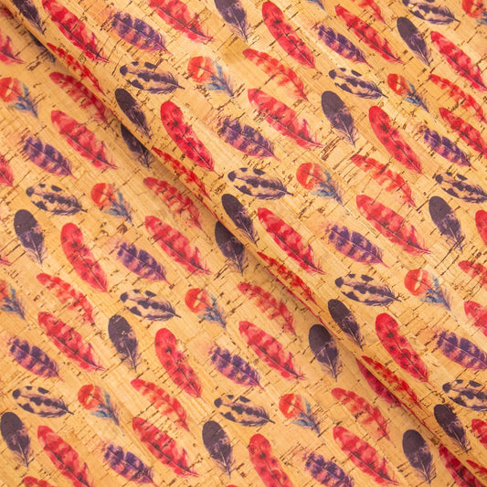 Tissu en liège naturel à motif de petites plumes rouges et marron COF-265