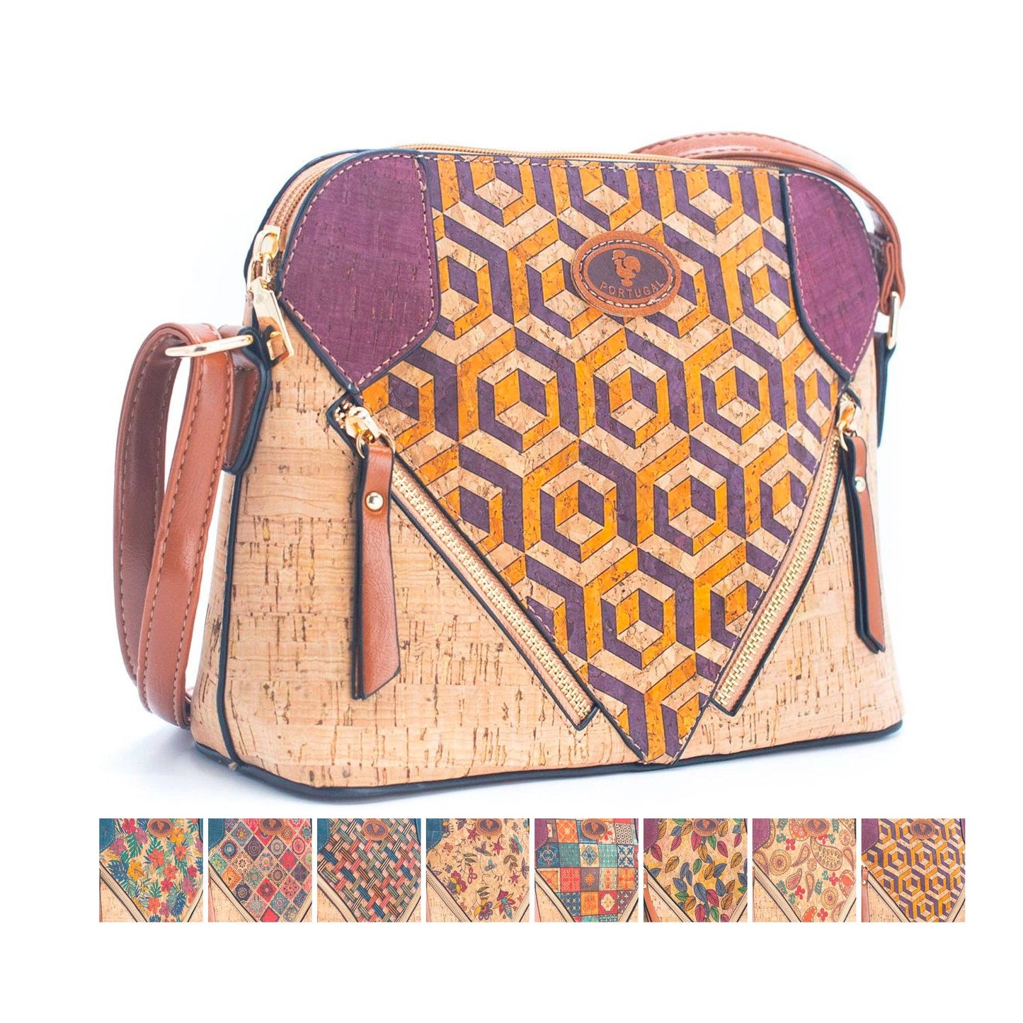 Cork Lady's Crossbody Bag w/ Stylish Floral Print & Diagonal Zipper Accents | THE CORK COLLECTION