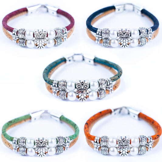 3MM Round Colorful Cork Cord w/ Owl Alloy Accessories Handmade Women's Bracelet BR-413-MIX-5
