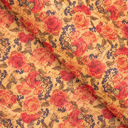 Tissu en cuir de liège à motif de grandes roses rouges COF-264