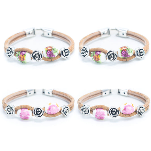 Bracelets faits à la main avec accessoires en liège naturel et rose et bracelet en perles de céramique BR-448-MIX-4 (NOUVEAU) 