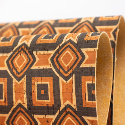 Natural cork Fabric patterned with ethnic orange and brown designs COF-203