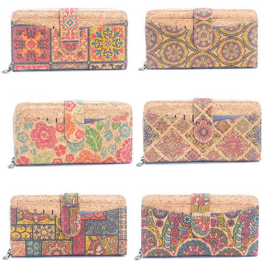 Long Natural Cork Women's Printed Wallet w/ Card Holder (6 Units Pack) BAGD-498