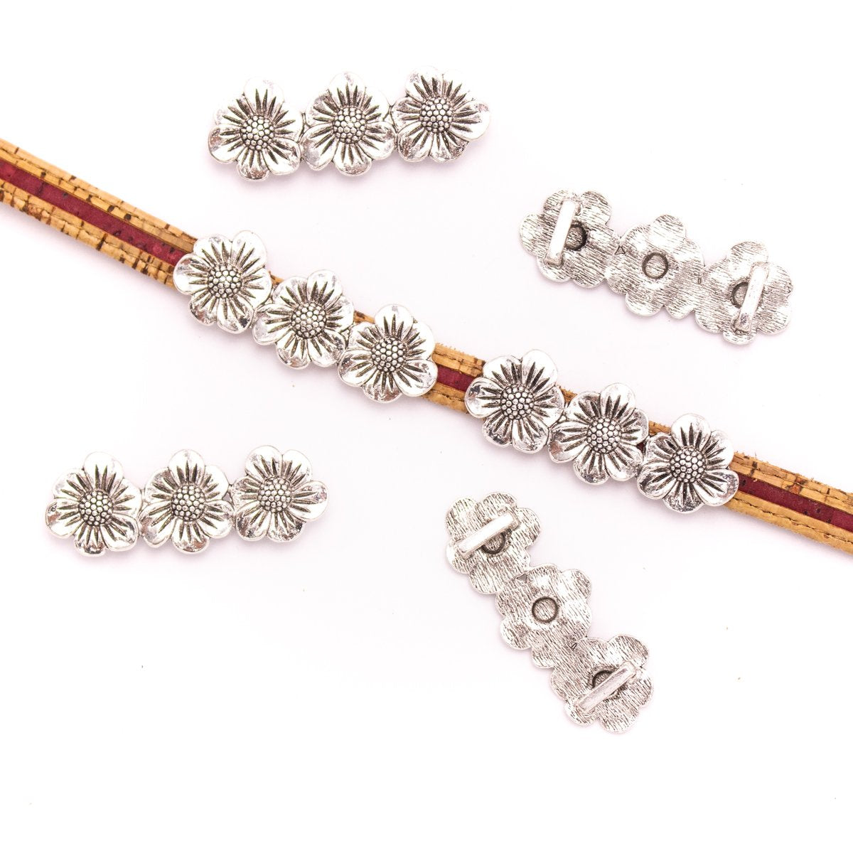 5 pièces pour cuir plat de 10mm, accessoires de bracelet à trois fleurs antiques, fournitures de bijoux, recherche de bijoux D-1-10-239
