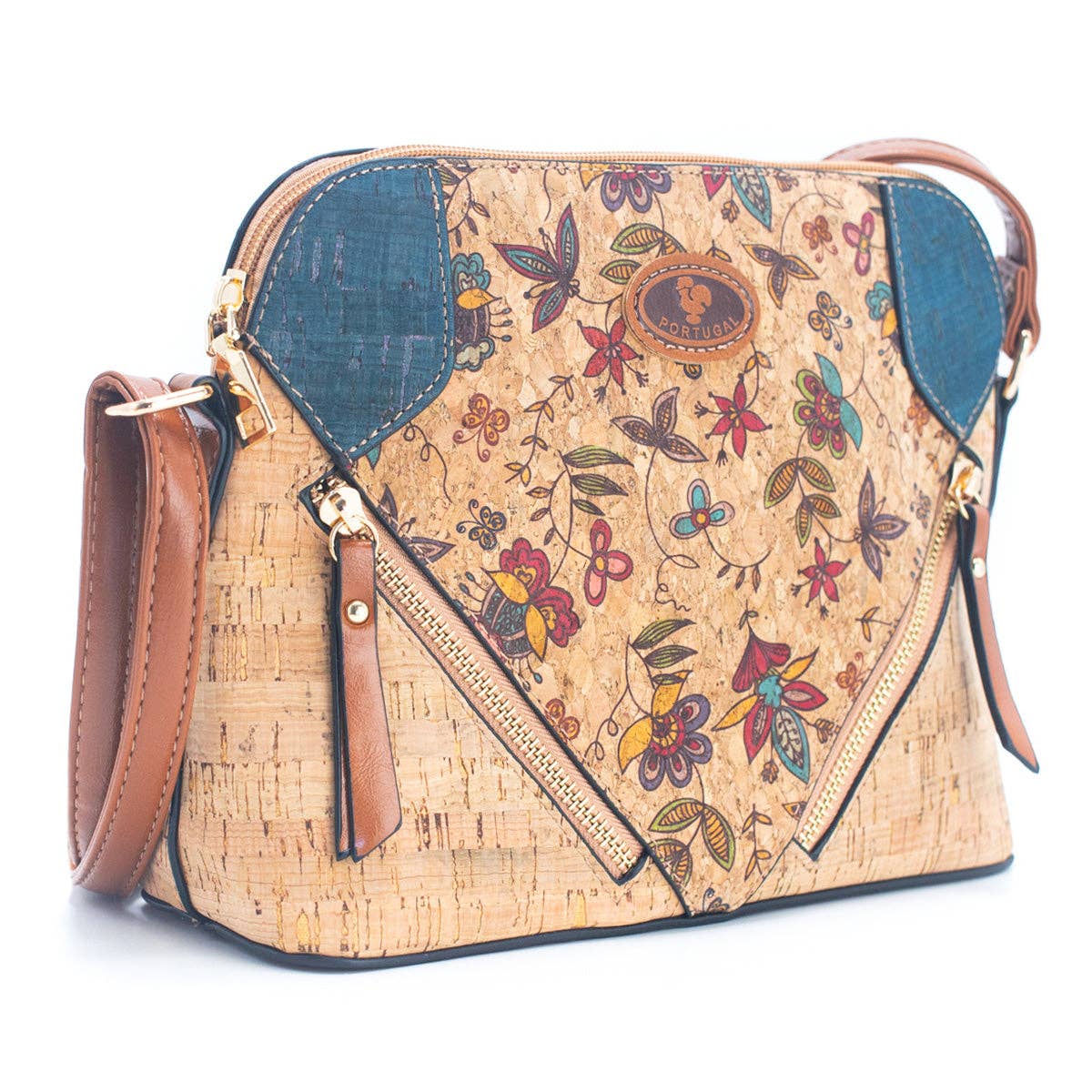 Cork Lady's Crossbody Bag w/ Stylish Floral Print & Diagonal Zipper Accents | THE CORK COLLECTION