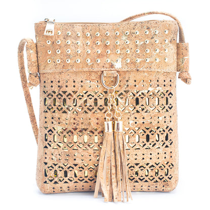 Gold & Silver Accented Cork Women's Cut-out Crossbody Bag w/ Fringe Zipper | THE CORK COLLECTION