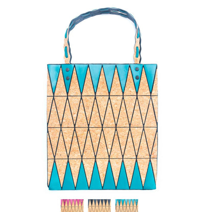 Pink, Black & Lake Blue Natural Cork Geometric Shopping Tote Bag | THE CORK COLLECTION