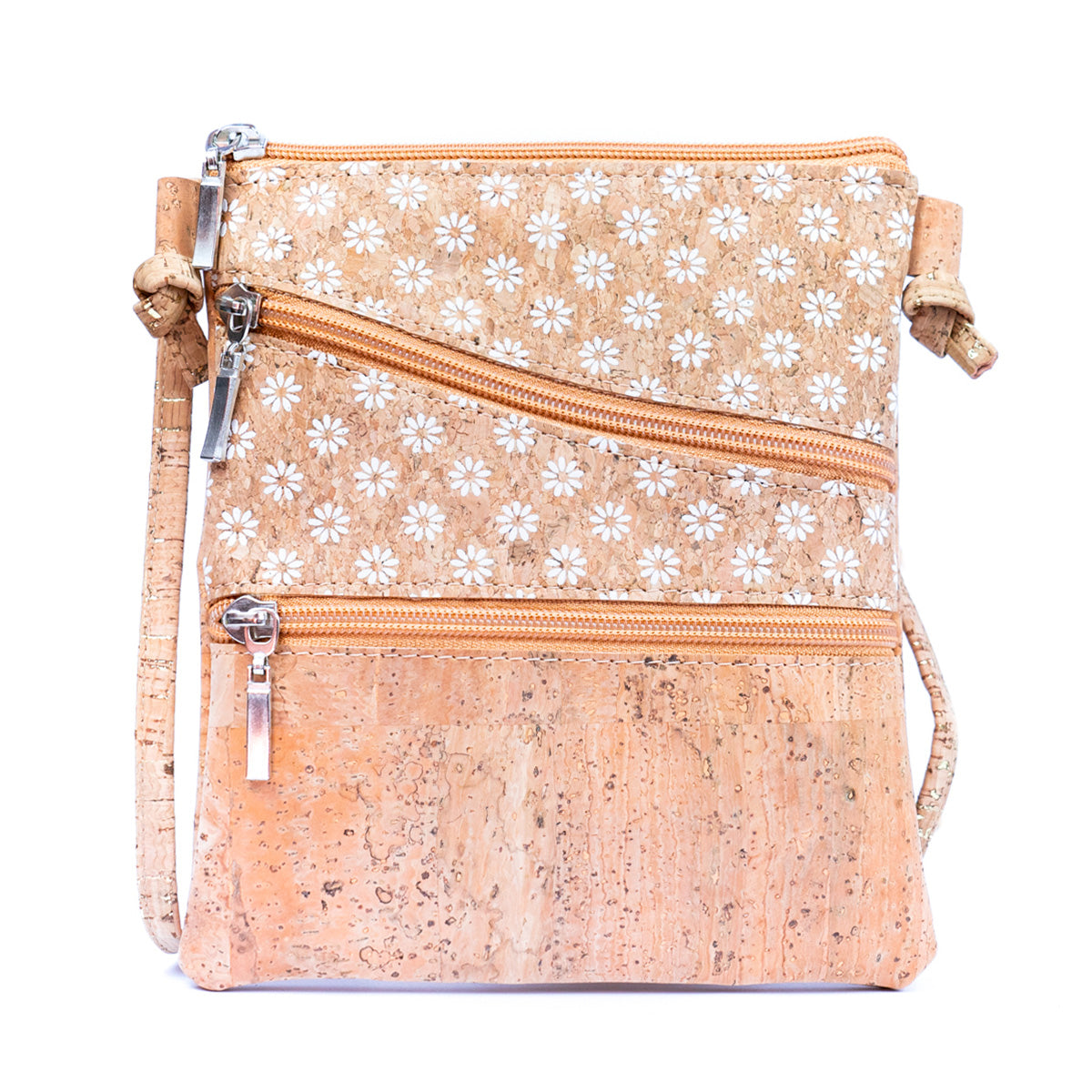 Selected White Print Stitching Cork Zipper Crossbody Bag | THE CORK COLLECTION