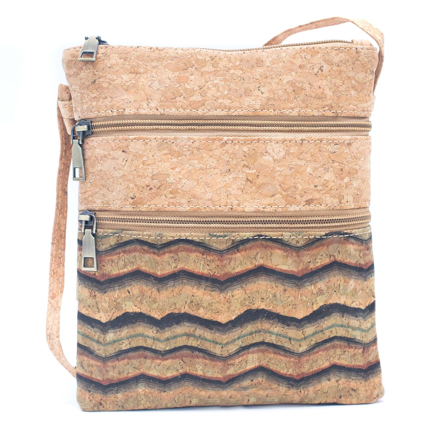 Patterned Double Zipper Vegan Crossbody Bag | THE CORK COLLECTION