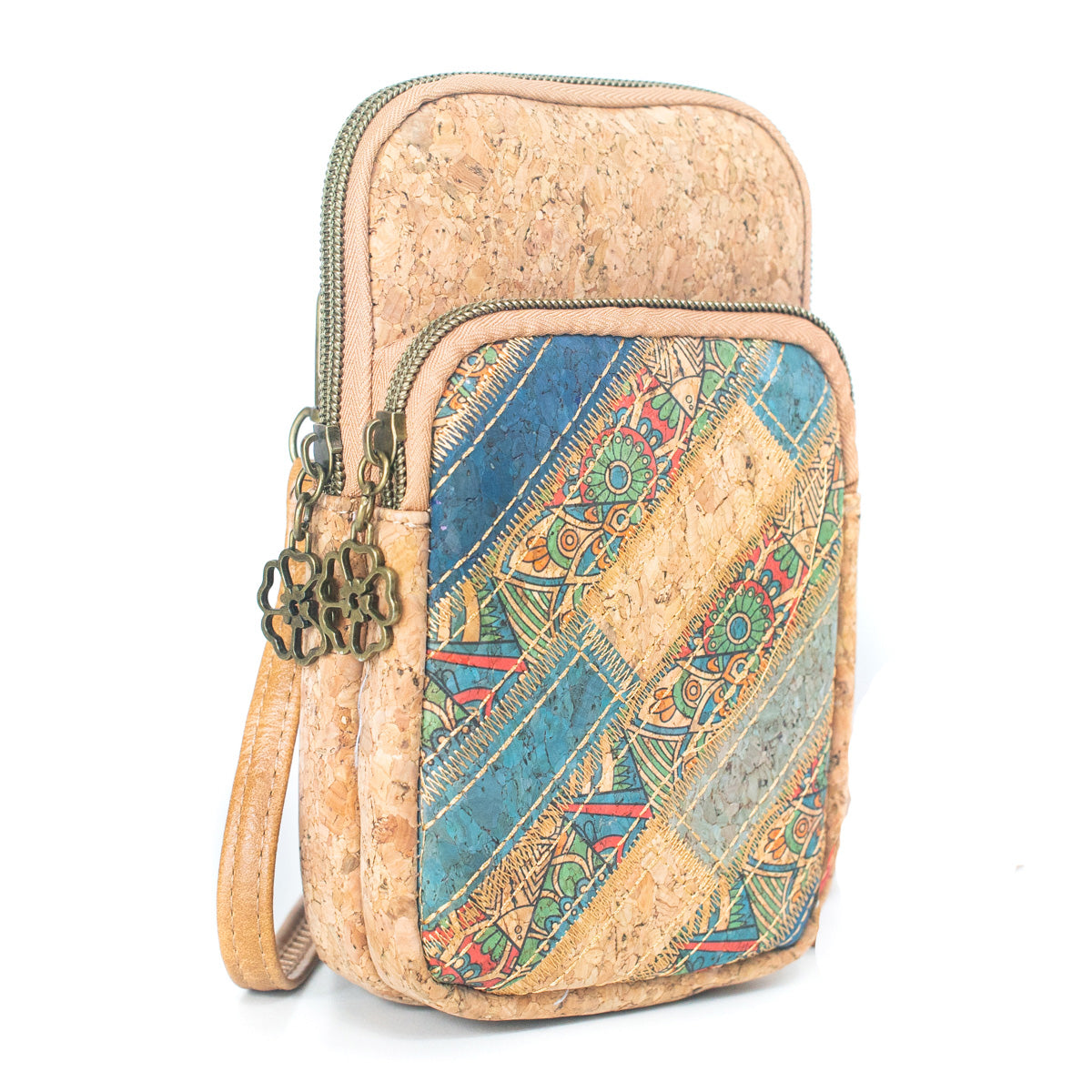 Natural Cork Patchwork Embellished Vegan Phone Pouch | THE CORK COLLECTION