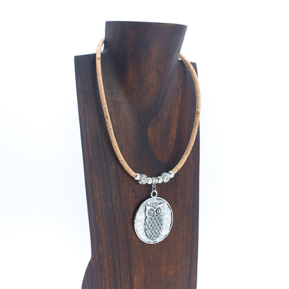 5mm round natural cork with owl pendant Handmade Cork Necklace NE-1036