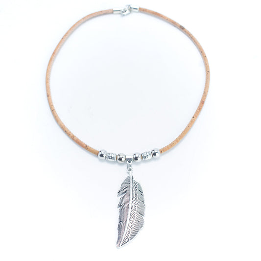 3mm round natural cork with feather pendant Handmade Cork Necklace N-018