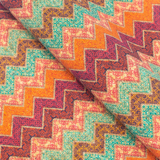 Geometric Wavy Stripes Colorful Flowers Cork Fabric COF-265-A