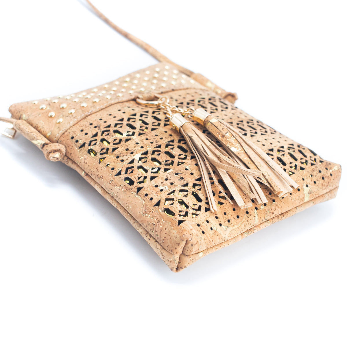 Gold & Silver Accented Cork Women's Cut-out Crossbody Bag w/ Fringe Zipper | THE CORK COLLECTION