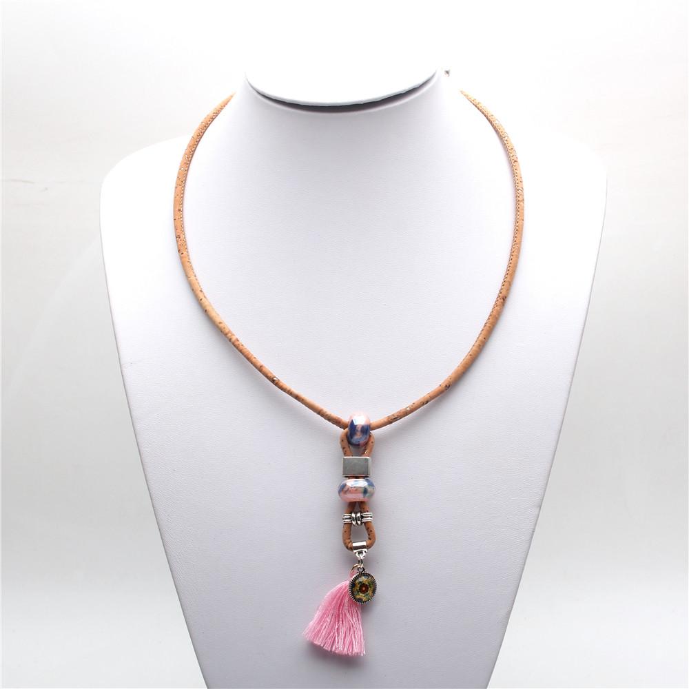 Vegan Women's Necklace - Pink Tassel Antique Feather Handmade Wooden Necklace N-142