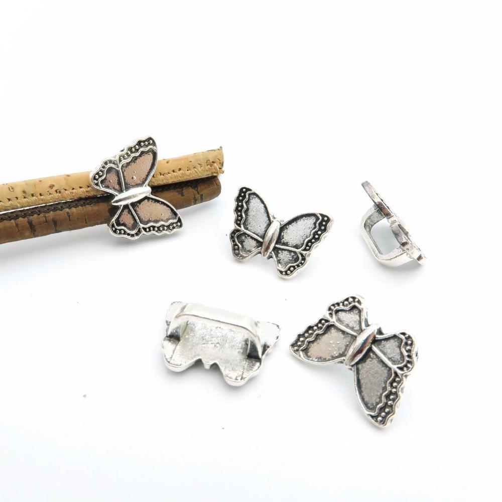 10 pièces pour curseur papillon en argent Antique en cuir 10x5mm, résultats de bracelet, composants en cuir D-2-4 