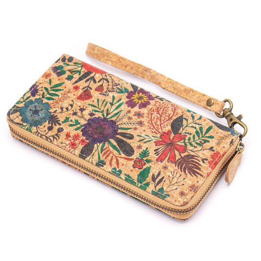 Vegan Natural Cork Women's Zipper Wallet w/ Flower Pattern | THE CORK COLLECTION