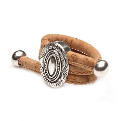 Natural & Brown Cork w/ Silver Design Women's Adjustable Vegan Ring HR-028