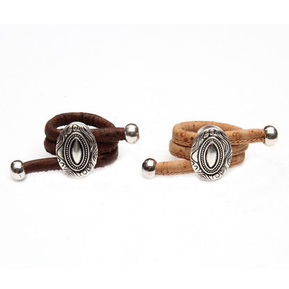 Natural & Brown Cork w/ Silver Design Women's Adjustable Vegan Ring HR-028