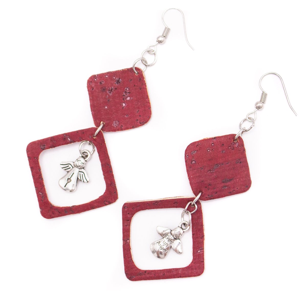 Red Cork Fabric Shapes Handmade Original Cork Ladies Vegan Earrings ER-117-5