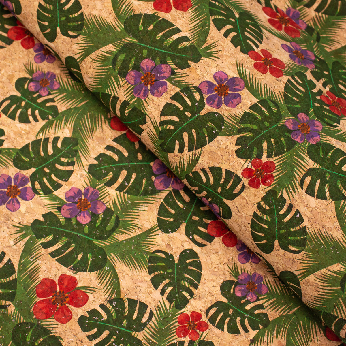 Large green banana leaves and red flowers pattern cork leather fabric COF-394