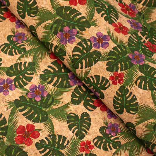 Green Palm Leaves & Flowers Cork Fabric COF-394