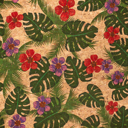 Green Palm Leaves & Flowers Cork Fabric COF-394