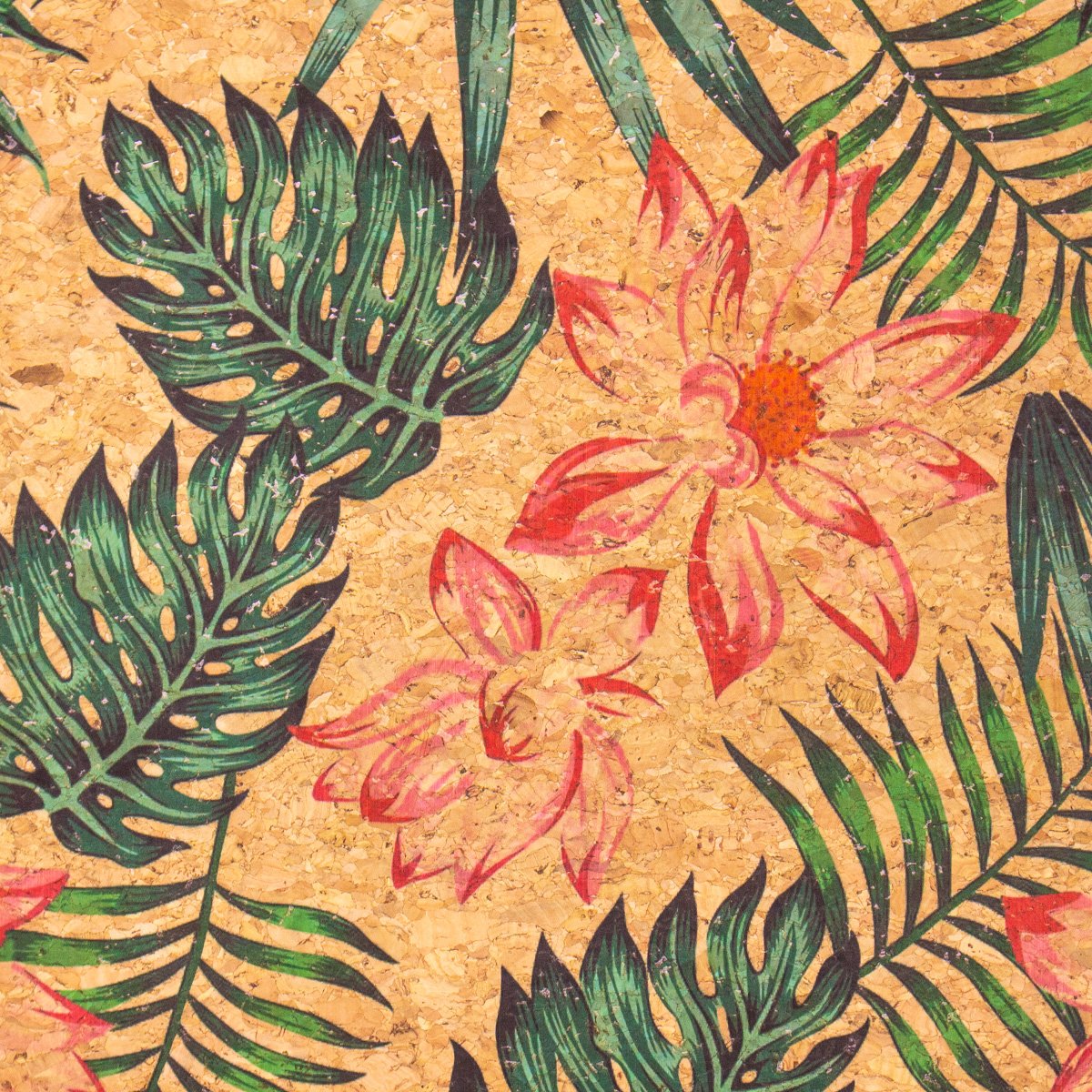 Tissu en liège naturel à motif de feuilles et de fleurs COF-396