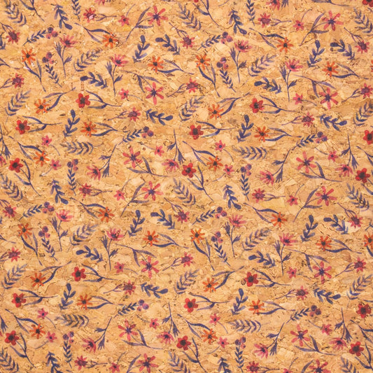Flowers & Grass Pattern Natural Cork Fabric COF-390