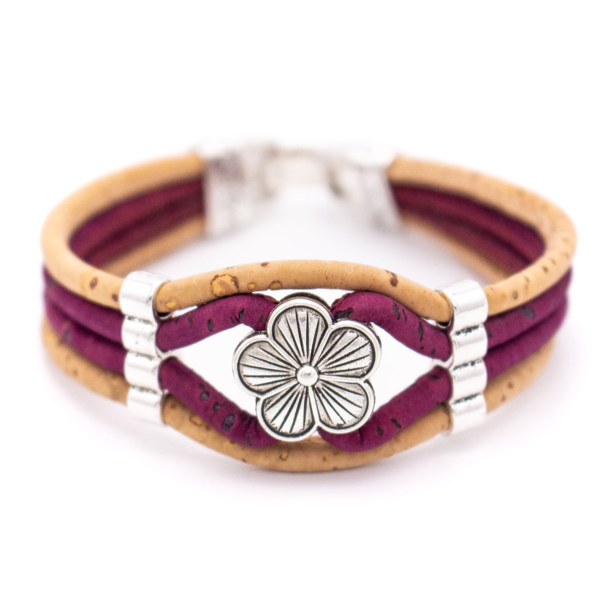 Colorful Natural 3mm Round Cork w/ Zamak Beads Flower Handmade Jewelry Bracelet for Women BR-466-MIX-5