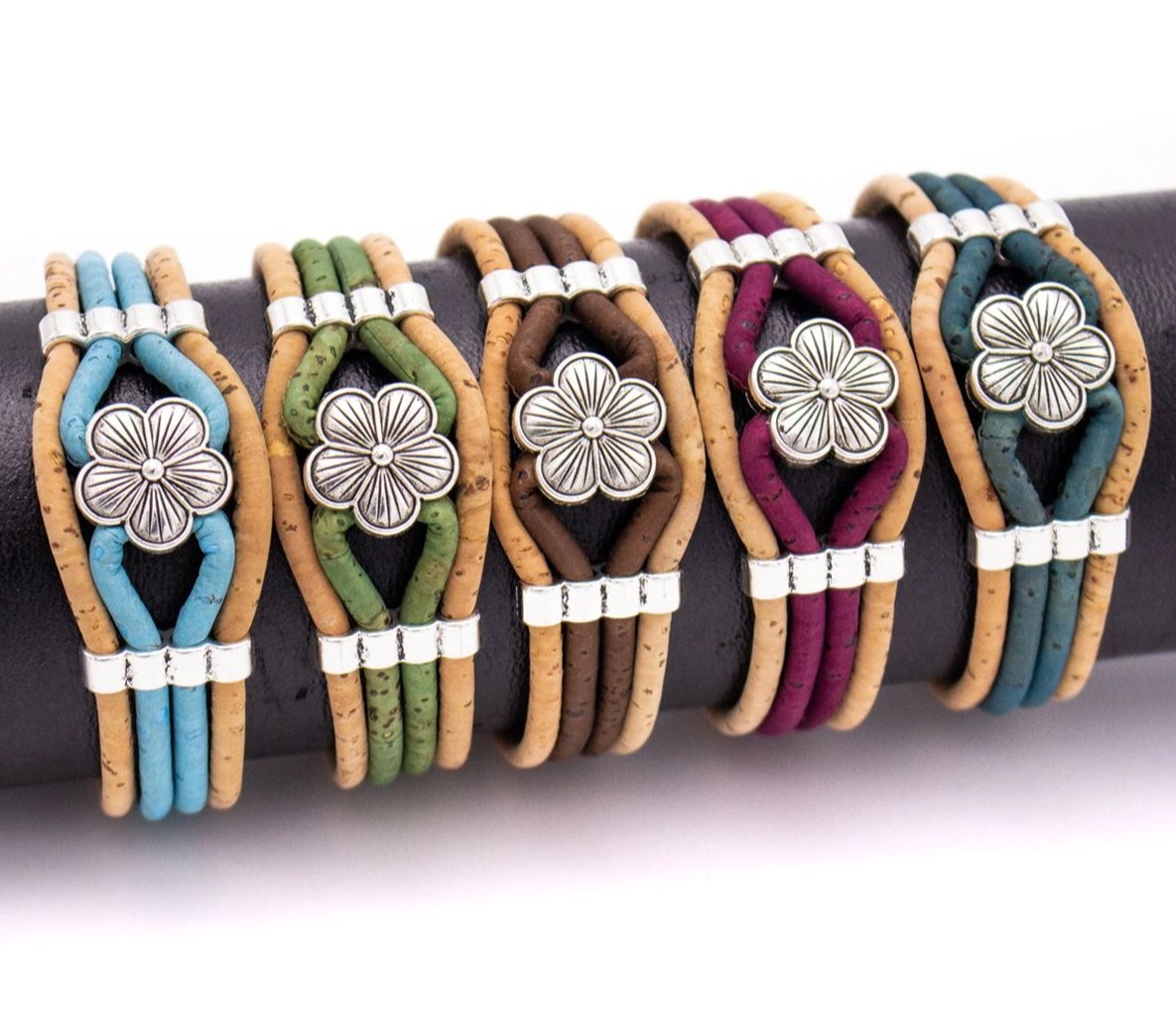 Colorful Natural 3mm Round Cork w/ Zamak Beads Flower Handmade Jewelry Bracelet for Women BR-466-MIX-5