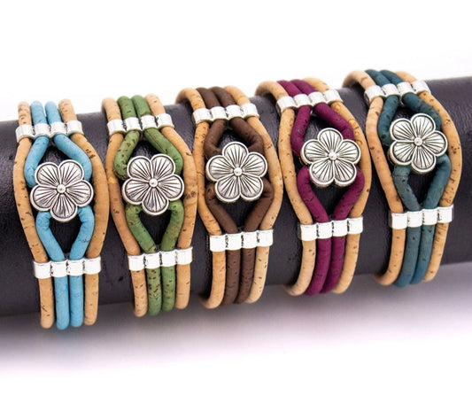 Bracelet en liège rond naturel coloré de 3mm avec perles en Zamak, bijoux faits à la main en fleurs pour femmes BR-466-MIX-5 