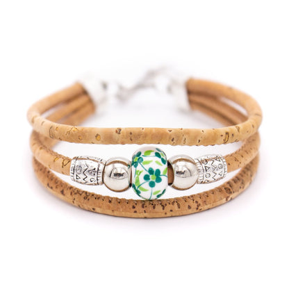 Liège rond naturel fait à la main de 3 mm avec perles de porcelaine colorées Bracelet végétalien pour femmes BR-462-MIX-5