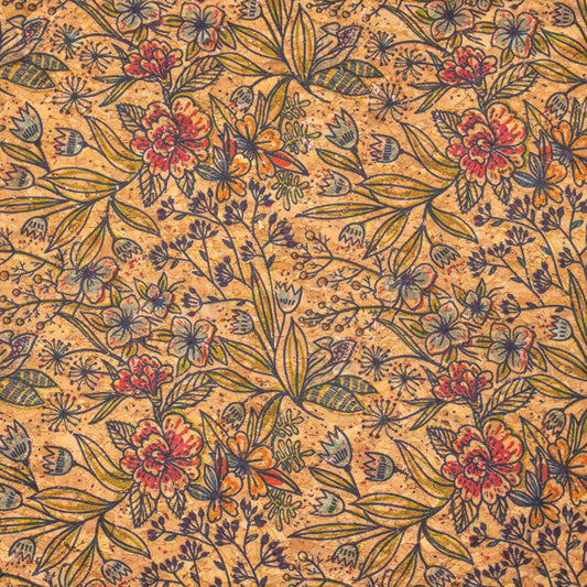 Green Leaves & Flowers Pattern Cork Fabric COF-381