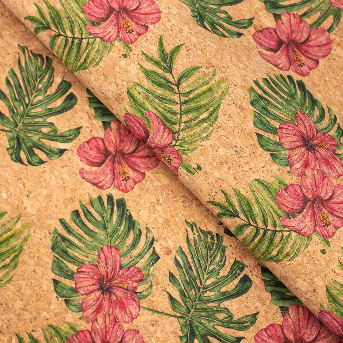 Tissu en liège naturel à motif de grandes fleurs et feuilles de palmier COF-393