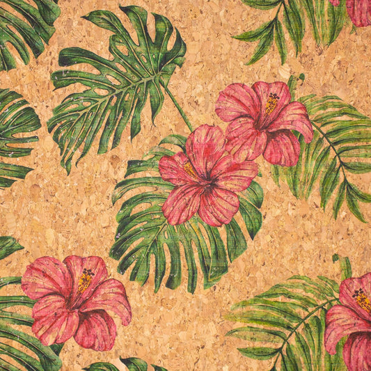 Large Flower & Palm Leaves Pattern Natural Cork Fabric COF-393