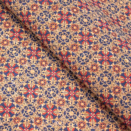 Red Geometric Flower Pattern Natural Cork Fabric COF-411
