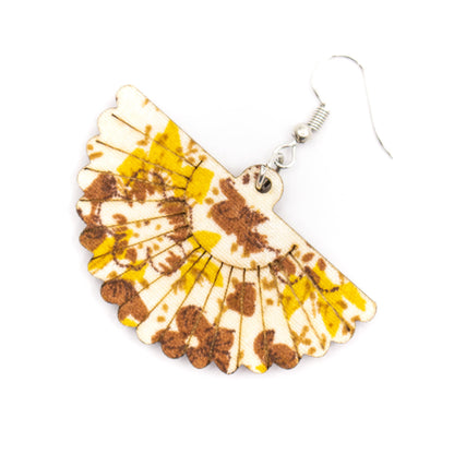 Natural wood yellow printed scalloped earrings Original handmade ladies earrings-ER-089