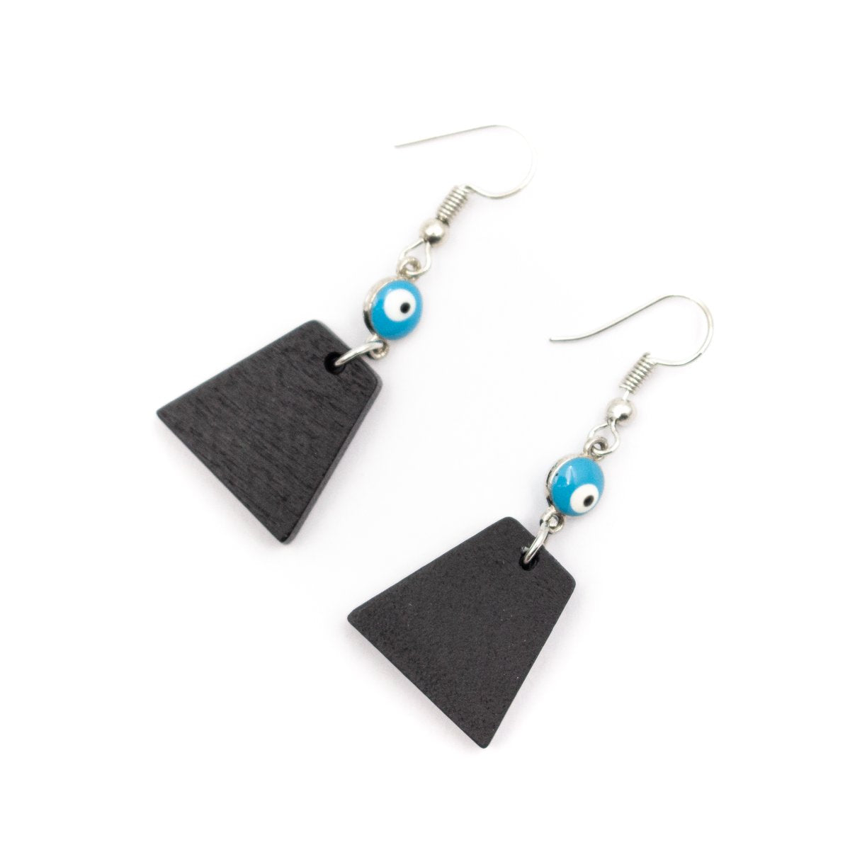 Natural cork,wood, Blue eyes and trapezoidal pendant earrings Original handmade ladies earrings-ER-091