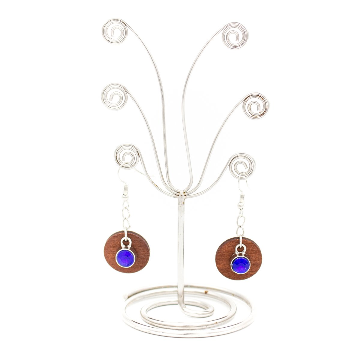Natural Brown round pendant and blue rhinestone earrings Original handmade ladies earrings-ER-088