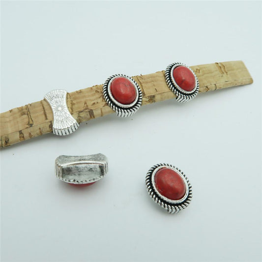 10 Pcs for 10mm flat leather, Antique silver with red stone slider beads jewelry supplies jewelry finding D-1-10-140