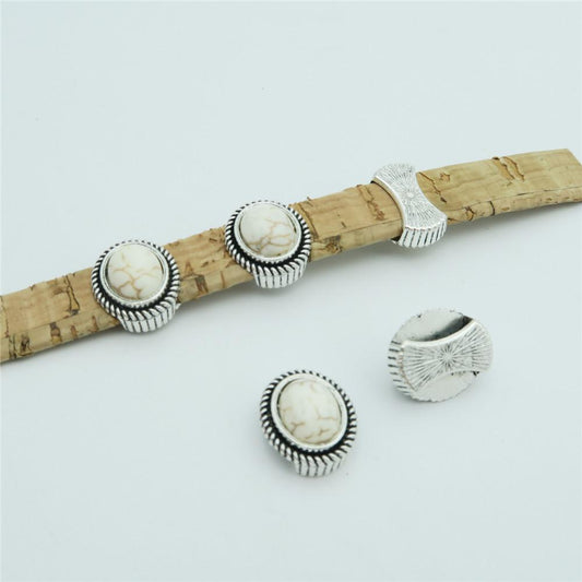 10 Pcs pour cuir plat de 10 mm, argent antique avec perles coulissantes turquoise blanches, fournitures de bijoux recherche de bijoux D-1-10-142