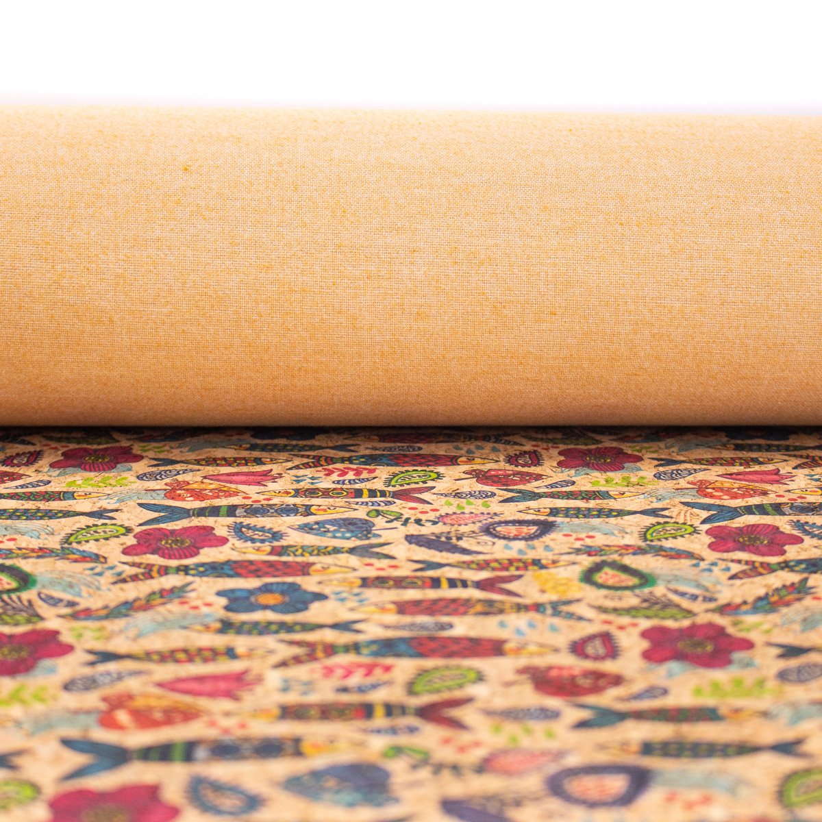 Fish & Flower Pattern Natural Cork Vegan Fabric | THE CORK COLLECTION