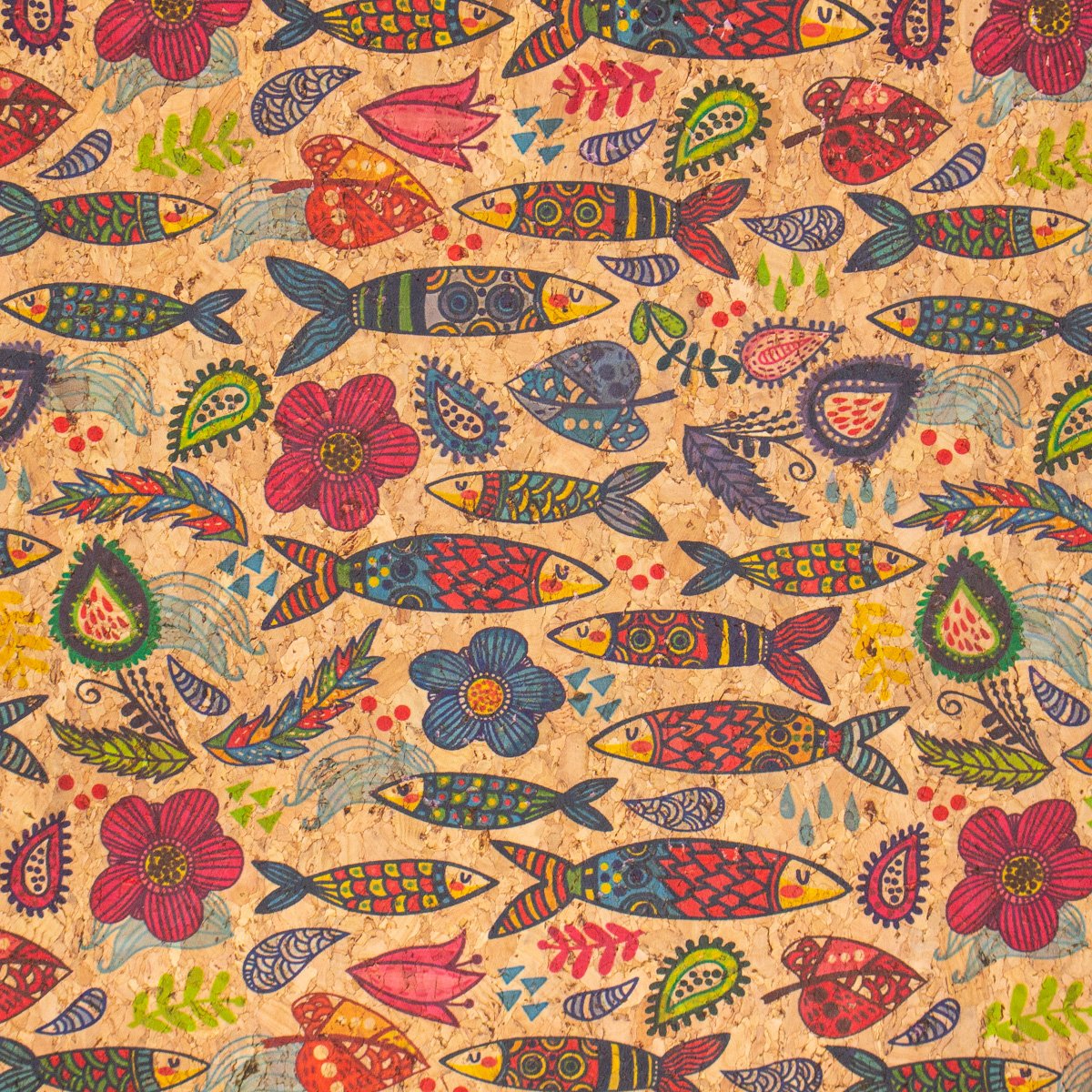 Fish & Flower Pattern Natural Cork Vegan Fabric | THE CORK COLLECTION