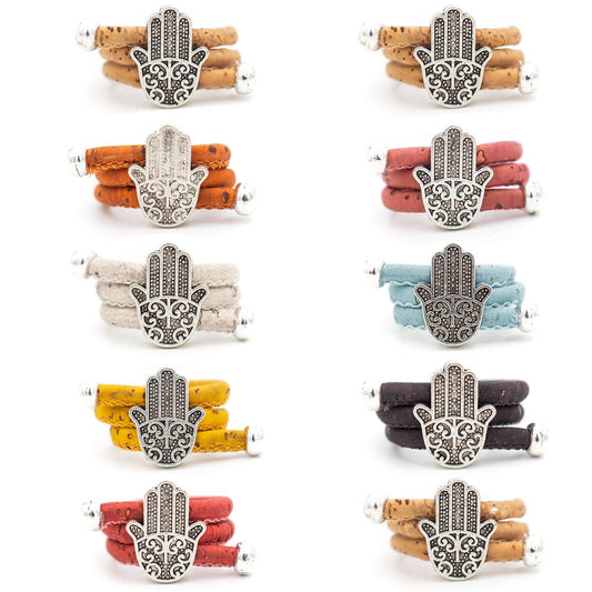 Colorful Cork w/ Silver Hand of Fatima Women's Handmade Adjustable Vegan Rings RW-004-10