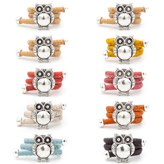 Colorful Cork w/ Silver Owl Women's Handmade Adjustable Vegan Rings RW-015-10