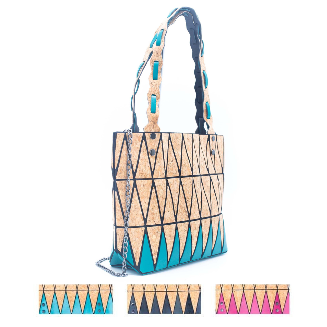 Pink, Black & Lake Blue Natural Cork Geometric Handbags BAG-2212