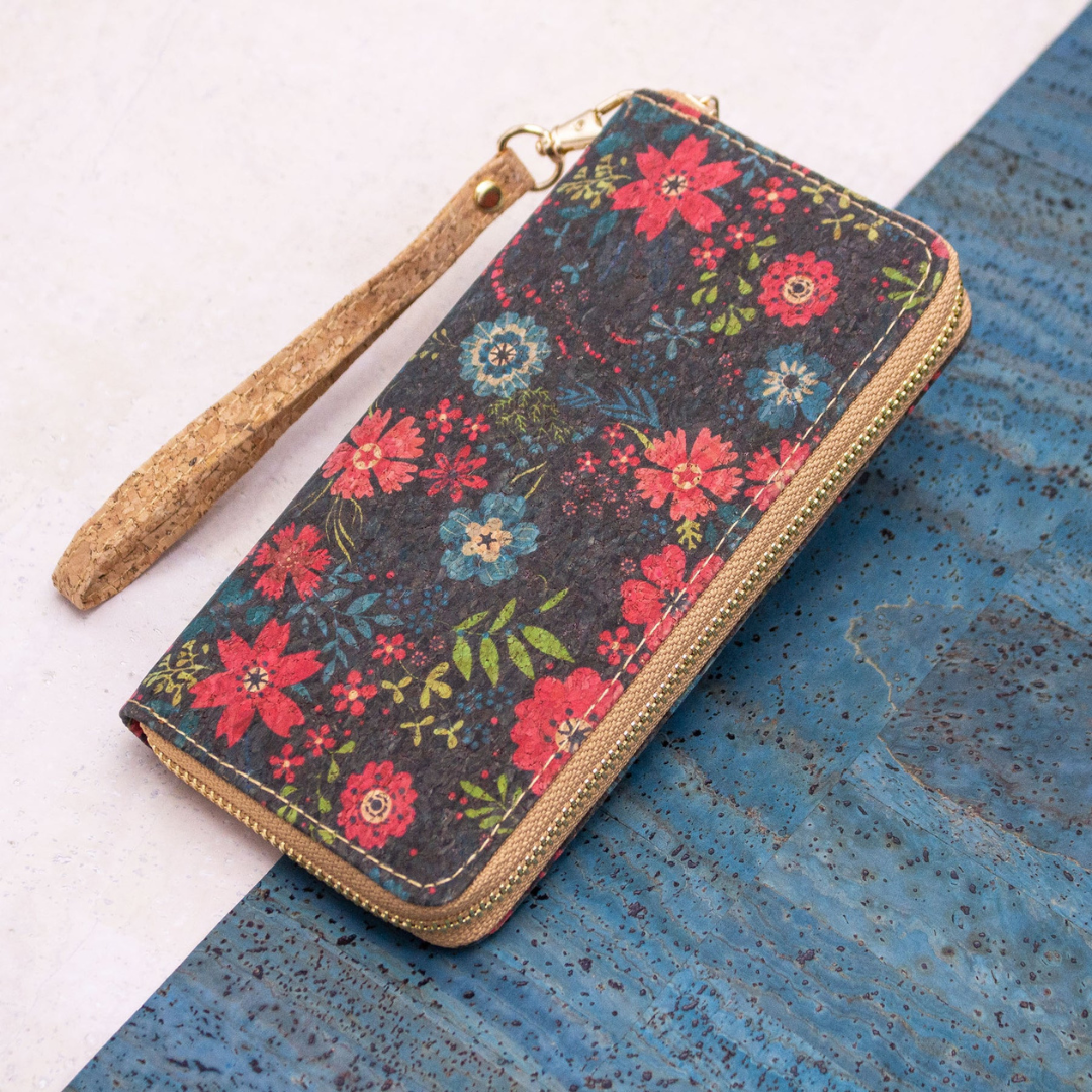 Vegan Natural Cork Women's Wallet / Flower Pattern Zipper Card Purse BAGD-200-B